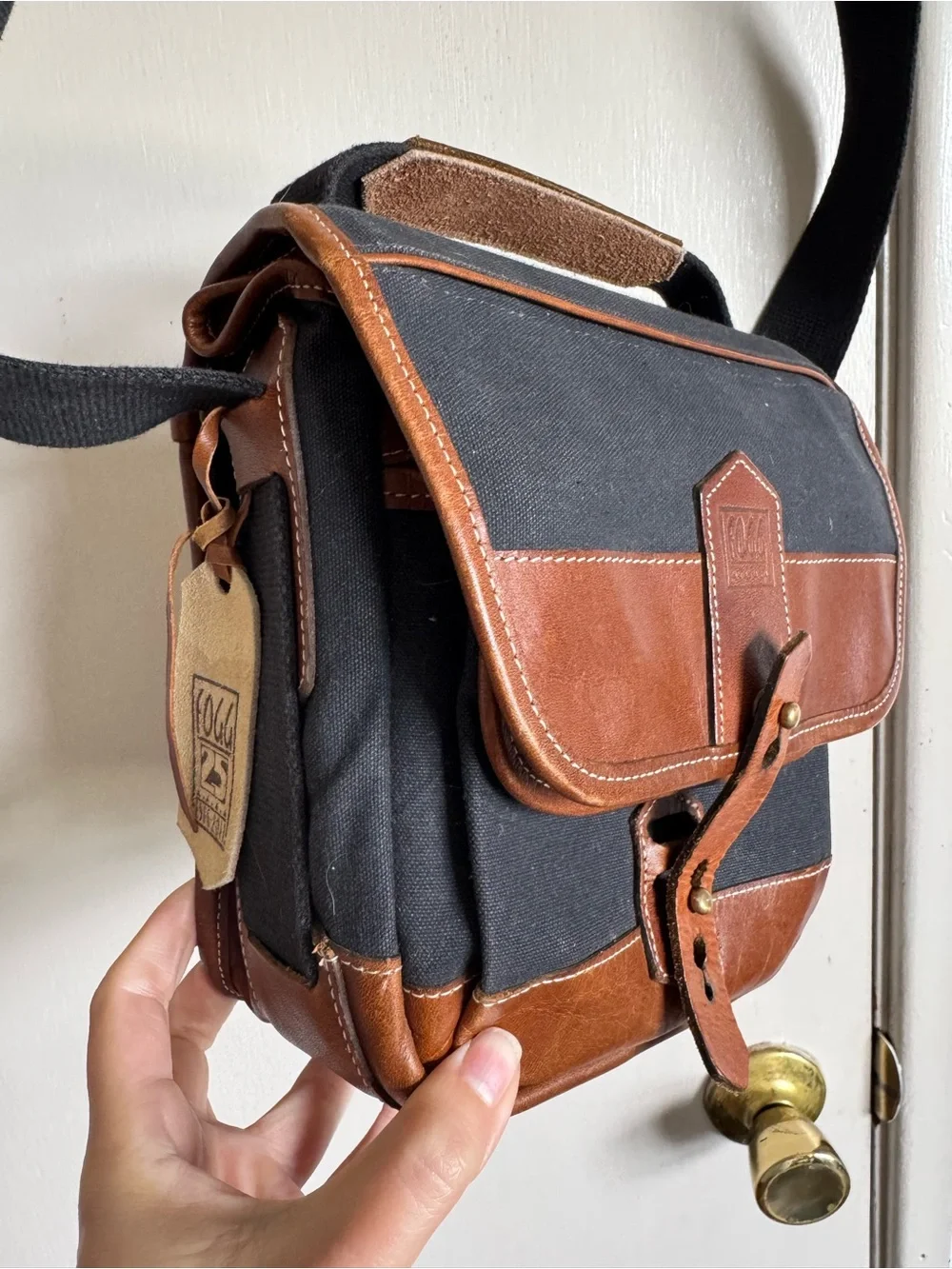 Fogg Can-Can Navy Blue Brown Canvas & Brown Leather Camera Crossbody Bag